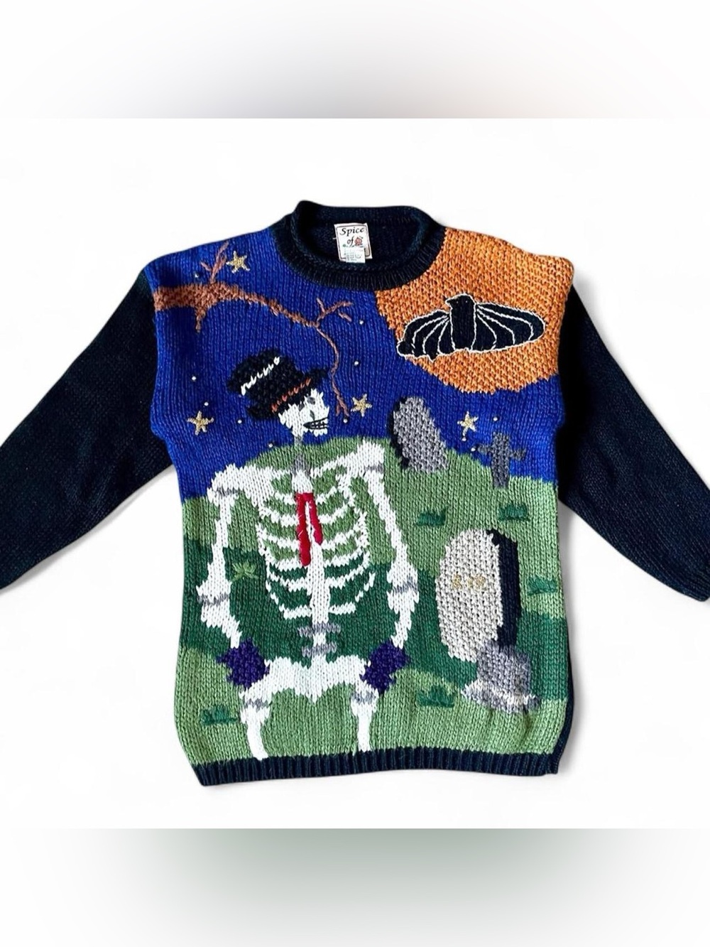 Vintage 90s Spice of Life Halloween Skeleton Graveyard Sweater Bat Skeleton M